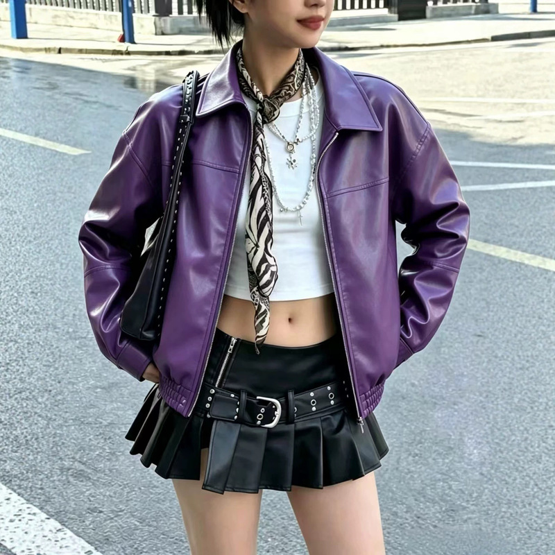 2026 Women's Motorcycle Leather Jacket Regular Style Plus Size Coat Women's Leather Clothing New American Style Red Retro Chic