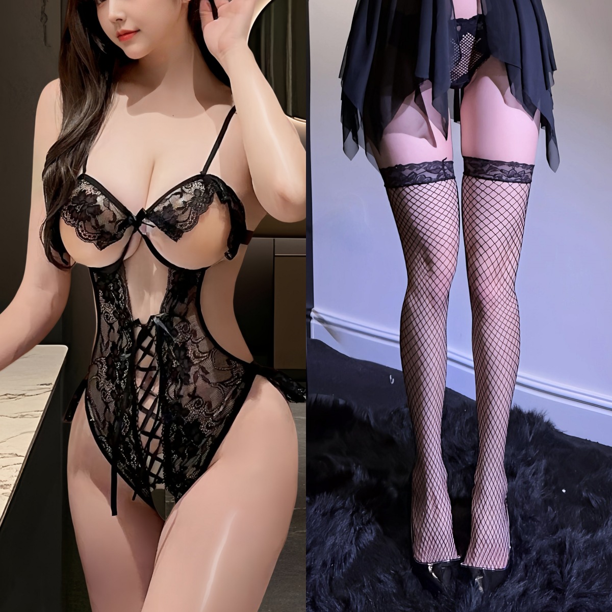 블랙 + 블랙 망사 스타킹