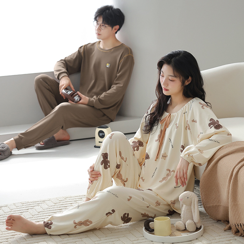 純綿パジャマ カップル用 ラウンドネック プルオーバー レディース 綿100% 秋冬 メンズ 長袖 ホームウェアセット 外出可 カジュアル