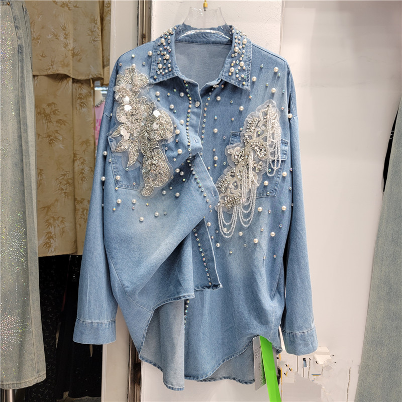 European heavy industry flower denim shirt women's loose slim mid-length lapel single-breasted beaded cardigan spring and summer