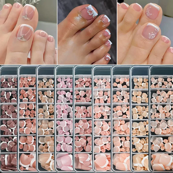 Cross-Border Hot-Selling 120/150-Piece Box of French-Style White-Edged Short Toenails in Nude Pink with Full Coverage and Glossy Finish