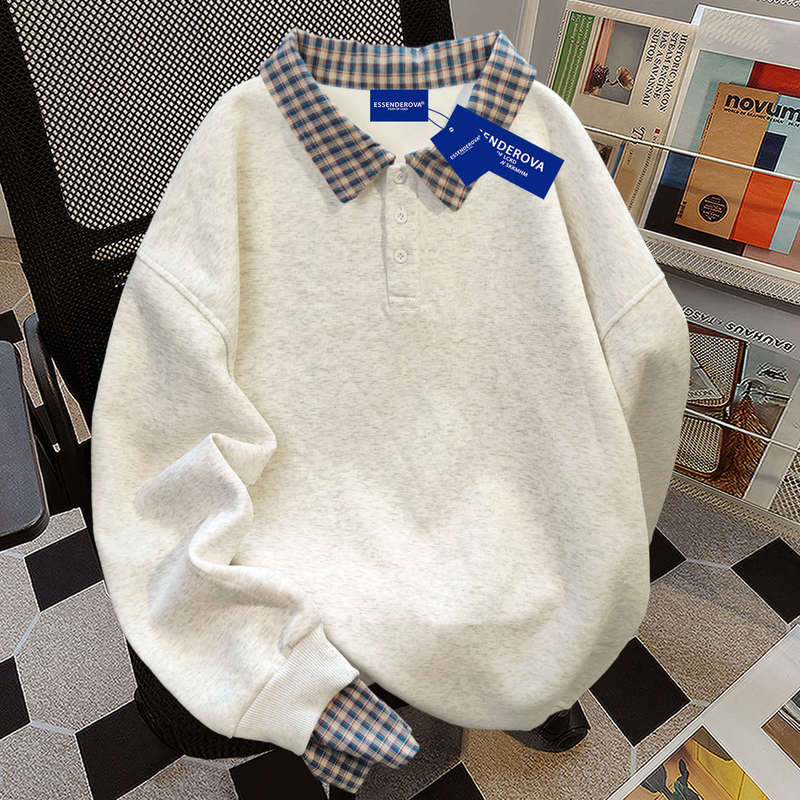 2025 New Autumn and Winter Fake Two-Piece Plaid Stitching Lapel Sweatshirt Women's Simple Polo Collar Preppy Style Loose Shirt
