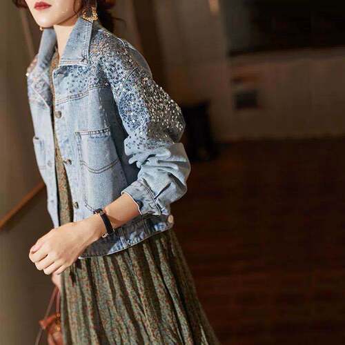 Fashion Shiny Denim Jacket for Women 2025 New Arrival European Version Short-Sleeve Spring Outfit for Petite Women to Slim Down