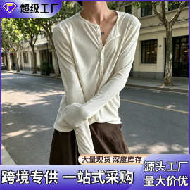 跨境禁欲系修身薄纱罩衫翠绿色深v领透视长袖T恤男慵懒亨利领上衣