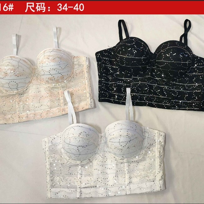 Nightclub Sexy Lingerie Lace Fishbone Bra with Breast Pads, Embroidered Sequins, Can Be Worn Outside, Slimming and Shaping Nightclub Sexy Lingerie Lace Fishbone Bra with Breast Pads, Embroidered Sequins, Can Be Worn Outside, Slimming and Shaping