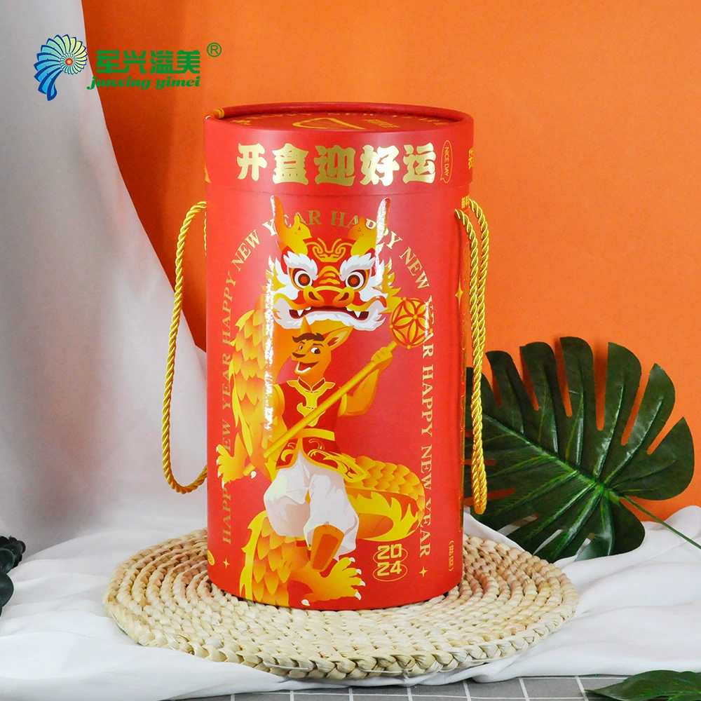 Красная праздничная подарочная коробка, круглая упаковка в виде ведерка, бумажная упаковка в форме ведерка, настраиваемый размер, с ручкой-ремнем для удобной переноски.