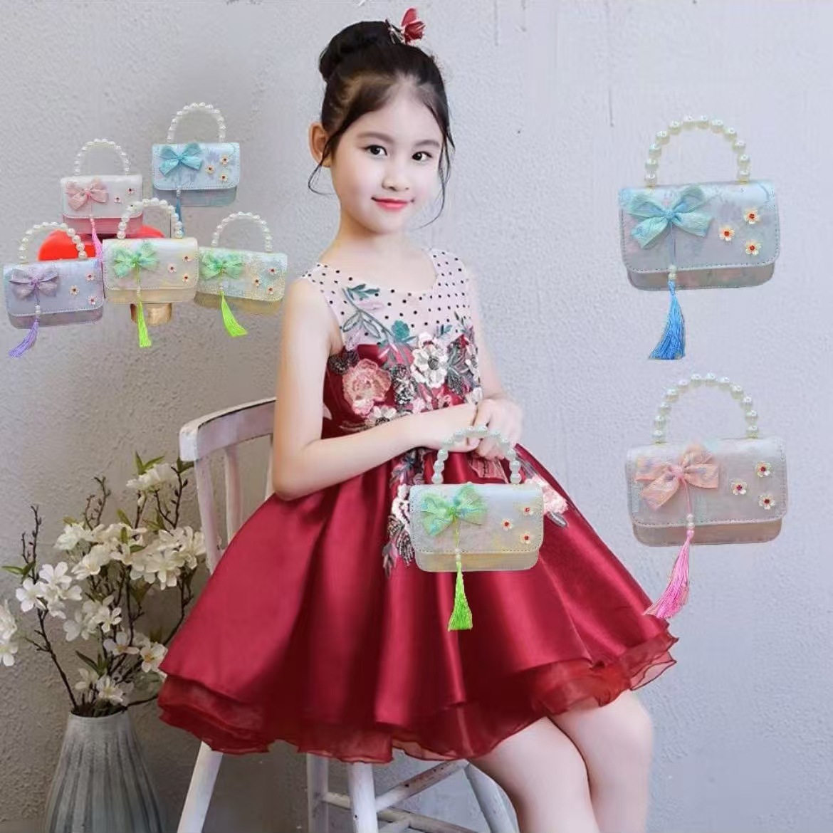 Hermoso bolso de arco de perla para niños nuevo estilo antiguo bolso de borda de color extranjero bolso de hombro con diamantes