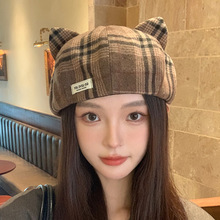 贝雷帽2025秋冬新款可爱猫耳朵画家帽女百搭显脸小八角帽南瓜帽子