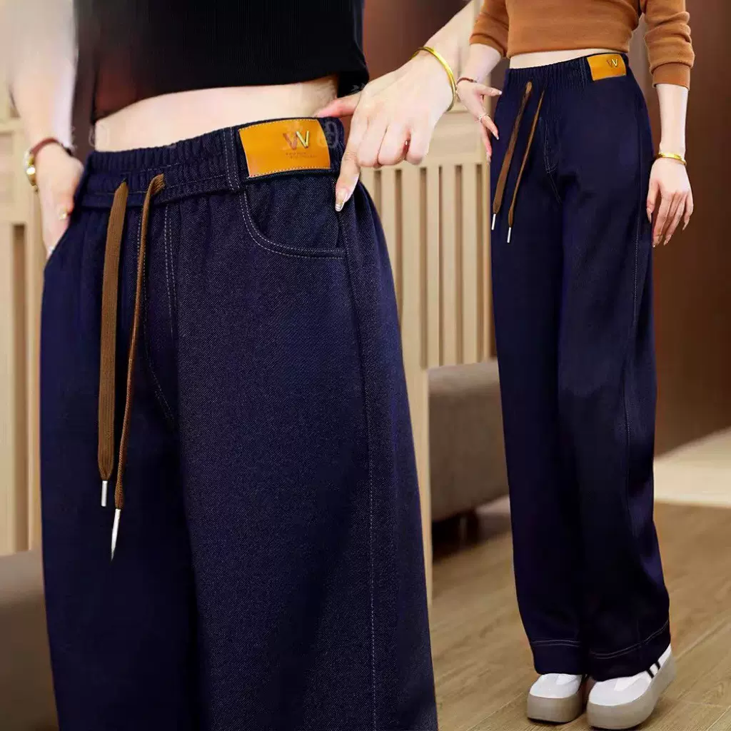 2025秋冬加绒仿牛仔裤中年妈妈外穿弹力休闲大码高腰直筒阔腿裤子