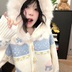 慵懒风费尔岛毛衣外套女秋冬牛角扣毛领连帽针织开衫宽松甜美上衣