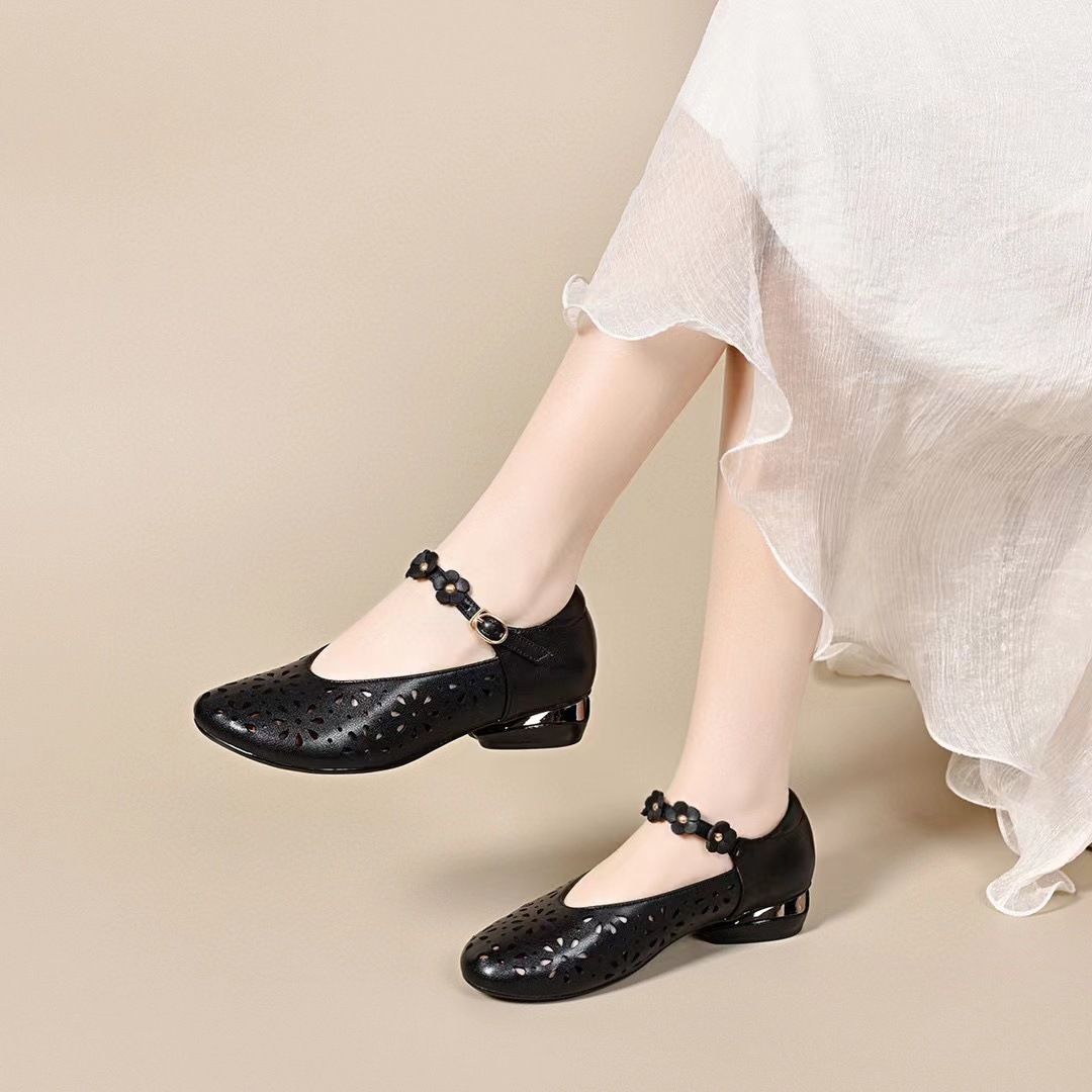 Sandal nữ da thật mũi tròn gót vuông quai ngang phong cách retro — đen chi tiết 3