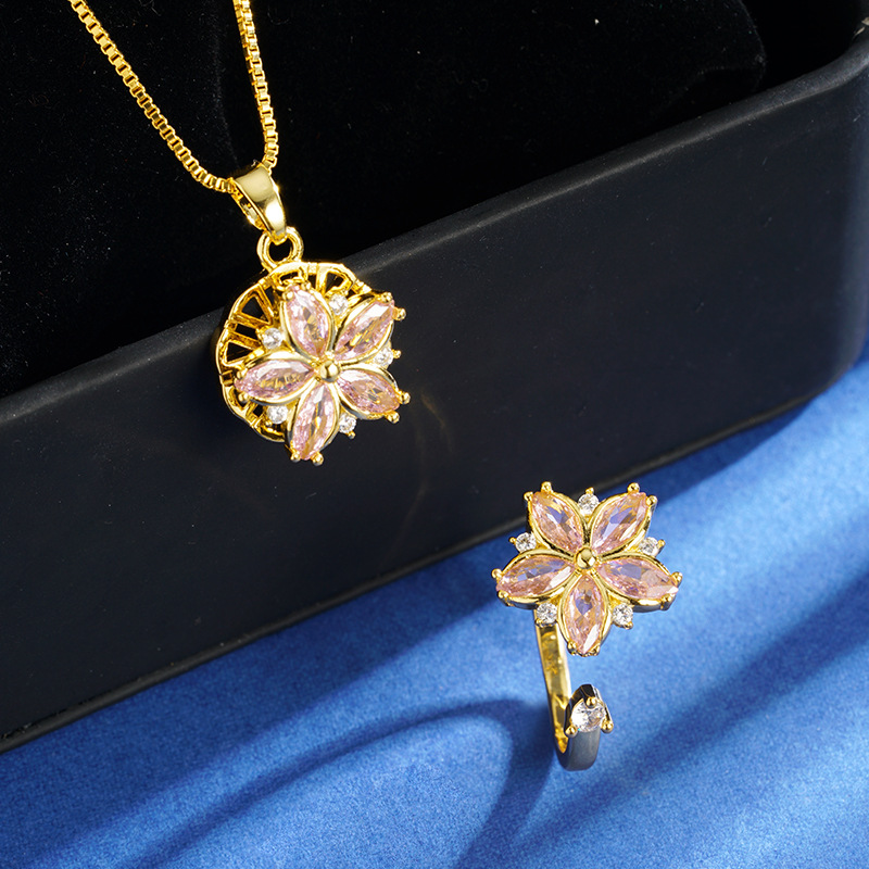 Shajin simple collar pétalos de pentaco joyería popular cristal de polvo universal lujo ligero anillo abierto en vivo explosión al por mayor