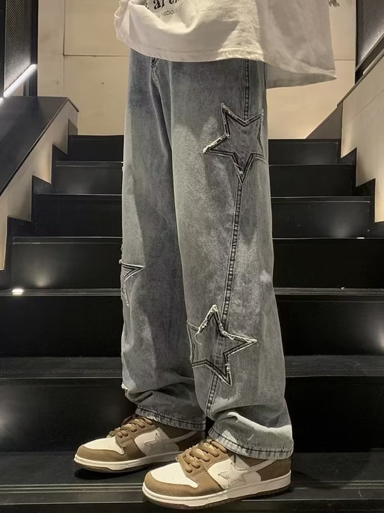 Y2K Vintage Men Korean Blue Streetwear Oversize Star Aesthetic Straight Trousers Wide Leg Jeans Grunge Denim Pants Women Clothes