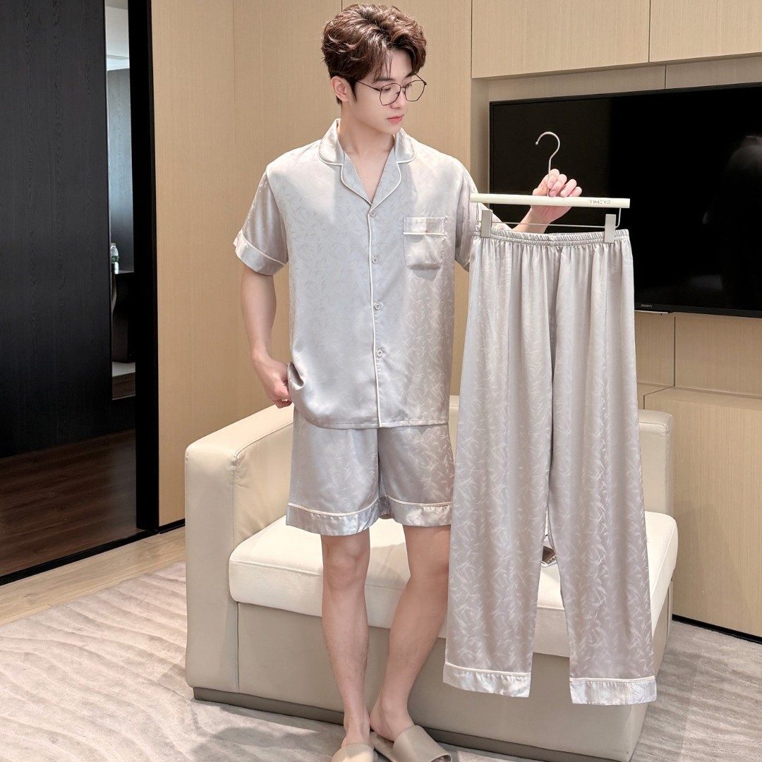 남성용 새로운 얼음 실크 잠옷 자카드 심플 3 피스 세트 봄, 가을 반팔 바지 남성용 대형 남성용 홈웨어
