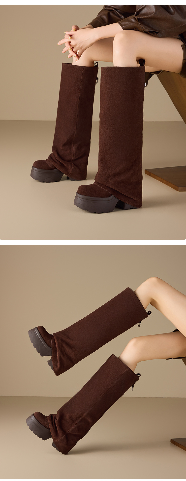 Boot nữ cổ cao ôm bắp chân đế dày gót 12 cm, kiểu hiệp sĩ, hai mặc mùa thu đông — nhung nâu chi tiết 6