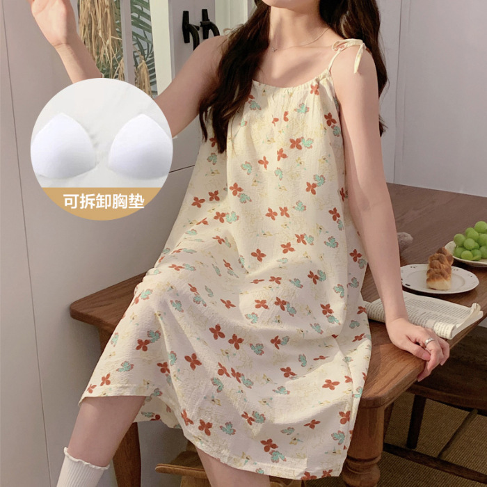 Ins vestido de dormir de cabina de verano pastoral viento pequeña flor de espuma encantadora con almohadilla de pecho suelta media y larga transmisión en vivo