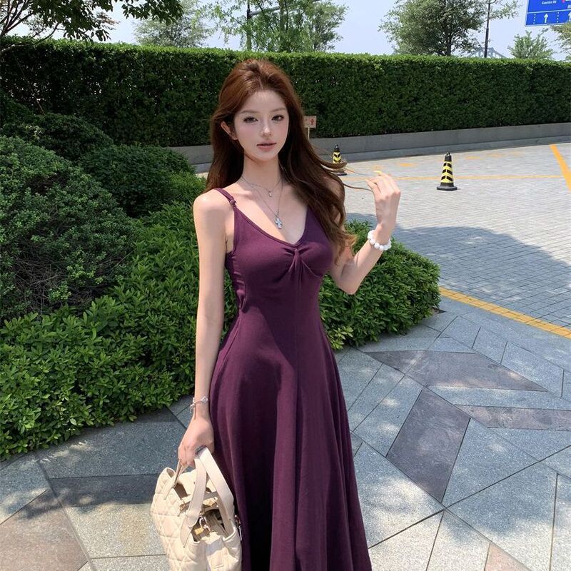 Design-Inspired Purple First Love Charm Pleated Strap Dress Women's Summer Elegant Versatile Slim-Fit Long Dress