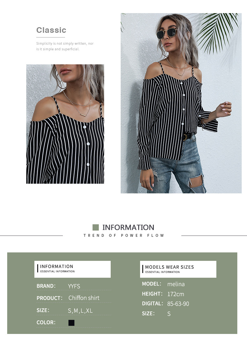 new long-sleeved vertical striped neckline sling chiffon shirt NSYYF61428