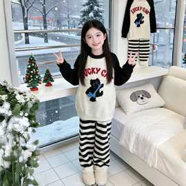 汐玥童装&25079-1幸运猫半边绒家居服套装
