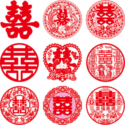 Wedding room window decorations, happy words stickers, static self-adhesive paper-cut window stickers, wedding decoration and layout supplies manufacturers wholesale