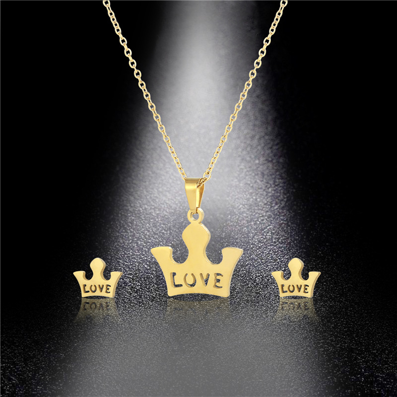 Fashion Crown Pendan Titanium Steel Necklace Gold Plated Earring Set