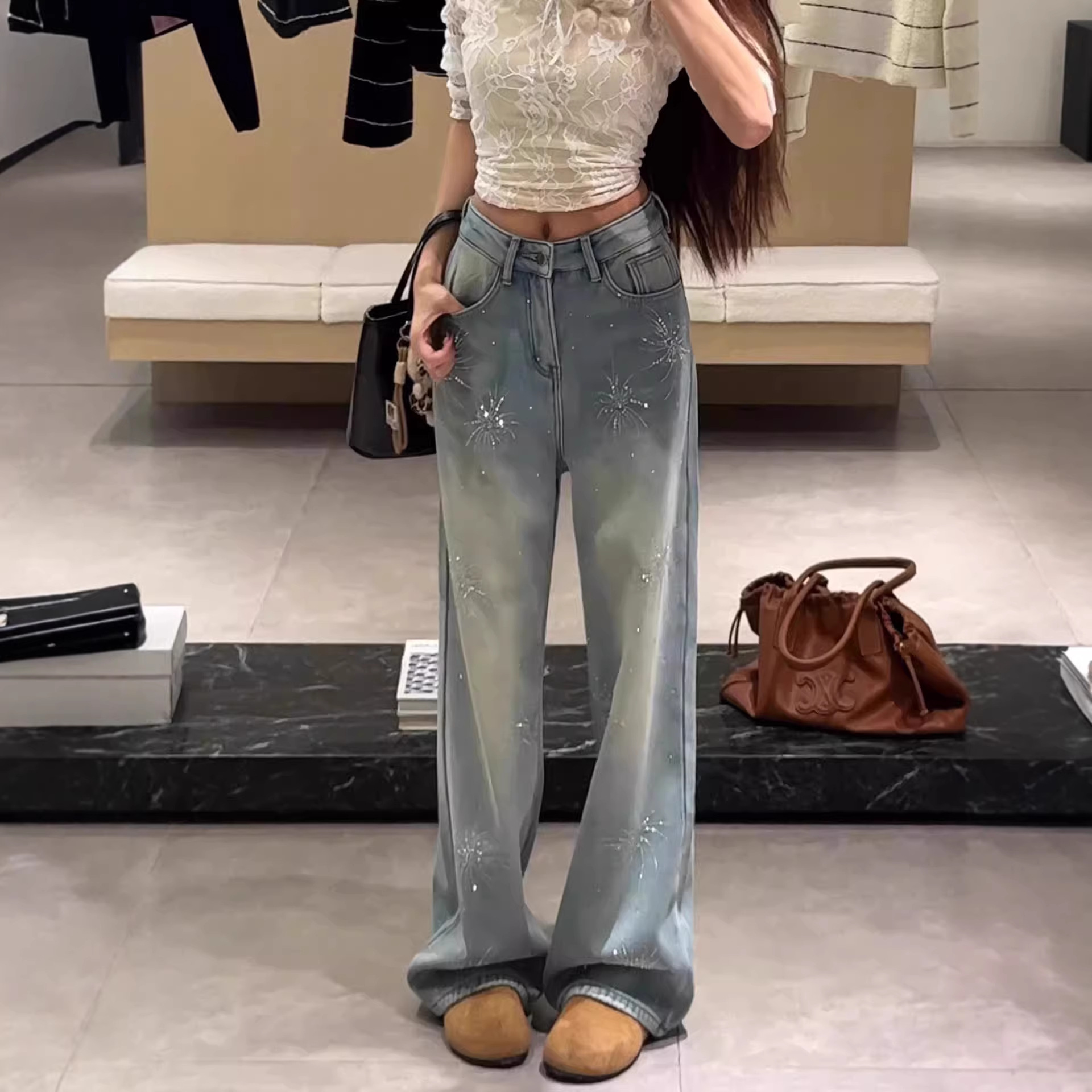 Women's Light Blue Flared Jeans With Firework Rhinestone Details – Fleece-Lined Winter Pants, High-Waisted Straight-Leg Denim For A Slimming Look_voghion.com