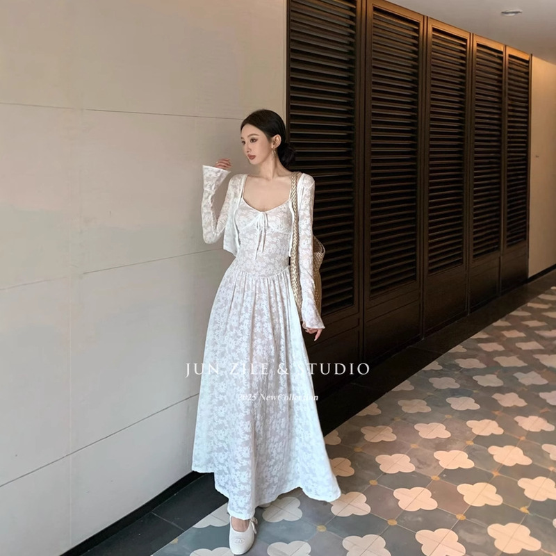 Two-Piece Suspender Skirt + Long-Sleeved Cardigan, Spring and Summer Sexy Design Jacquard Long Dress with Large Hem