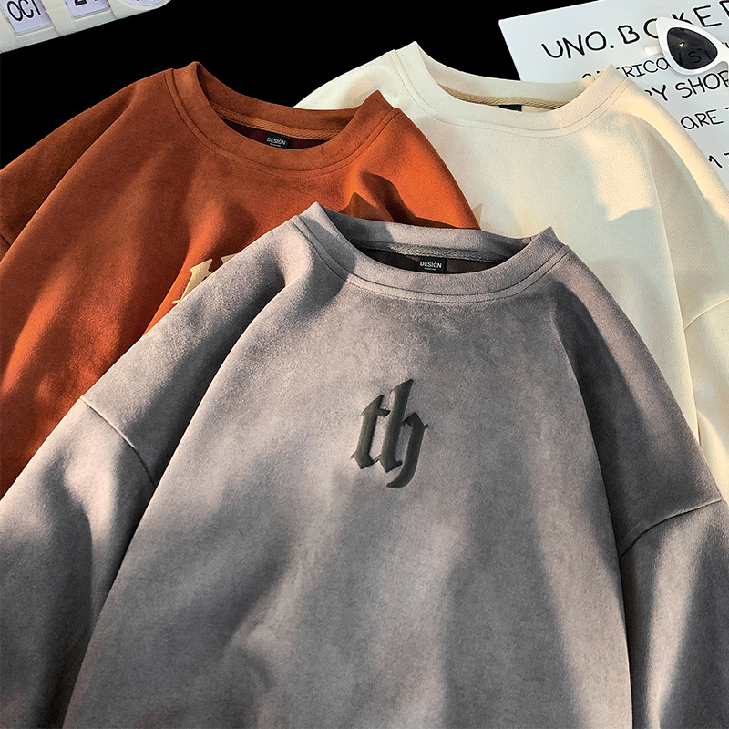 NASA Suede pesado suéter de los hombres primavera y otoño marca moda Americana Loose Top cuello redondo retro base manga larga