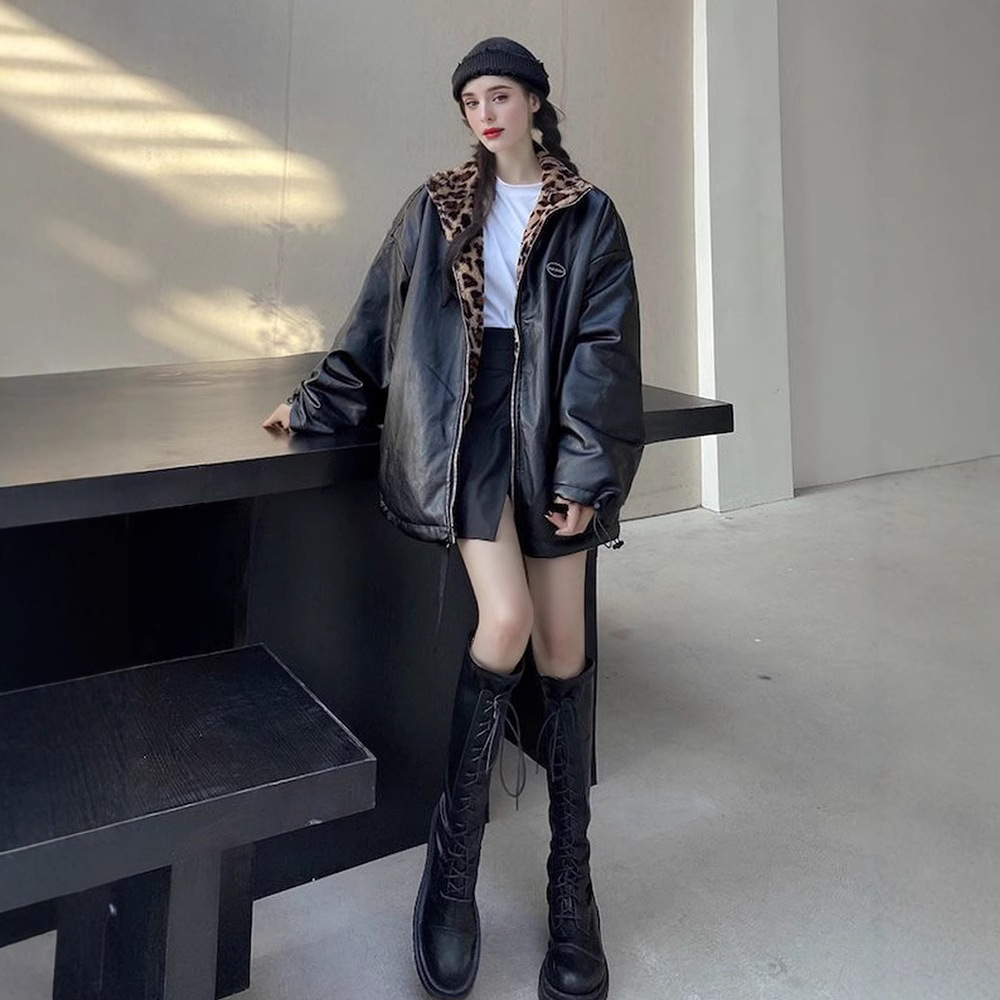 Fur Integrated Women's Leopard Print Plush Reversible Pu Leather Jacket Loose Warm Thickeneded Cotton Coat Ins Same Style