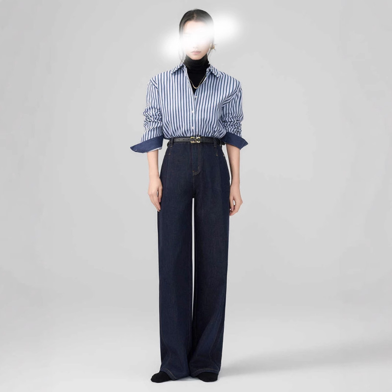 Spring Sapphire Blue Wide-Leg Faux Denim High-Waisted Retro Straight-Leg Striped Layered Shirt Outfit Set