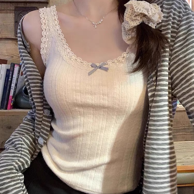 Sweet and Pure Miu Style Bowknot Camisole for Women, Spring/Summer Anti-Exposure U-Neck Vest, Side Breast Coverage, Inner Layer Base Top