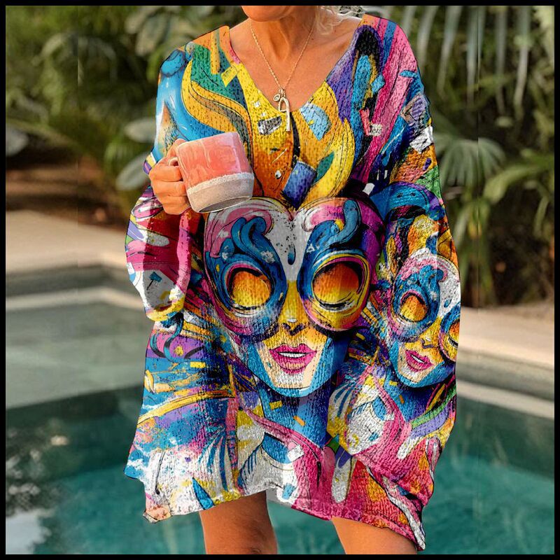 Cross-Border 2024 Amazon Independent Station South American Carnival Abstract Print V-Neck Long Sleeve Sweater E140