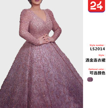 2025秋冬新款跨境亚马逊女装长裙长袖V领洒金礼服藕粉修身连衣裙