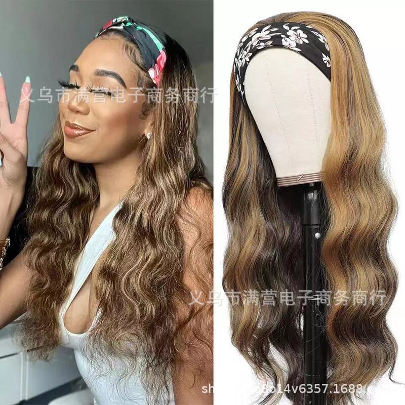 Cross-border headscarf wig integrated European and American ladies breathable chemical fiber headband long curly hair black headgear wholesale
