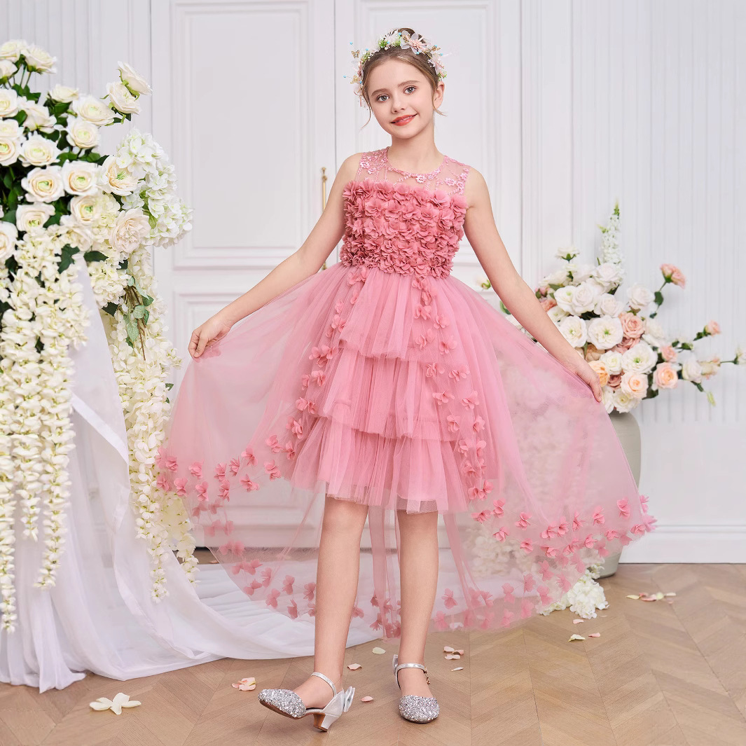 Nuevo vestido de princesa para niños transfronterizo, vestido de flor de cola con calcomanía, vestido de actuación de piano de pasarela para niñas, falda hinchada