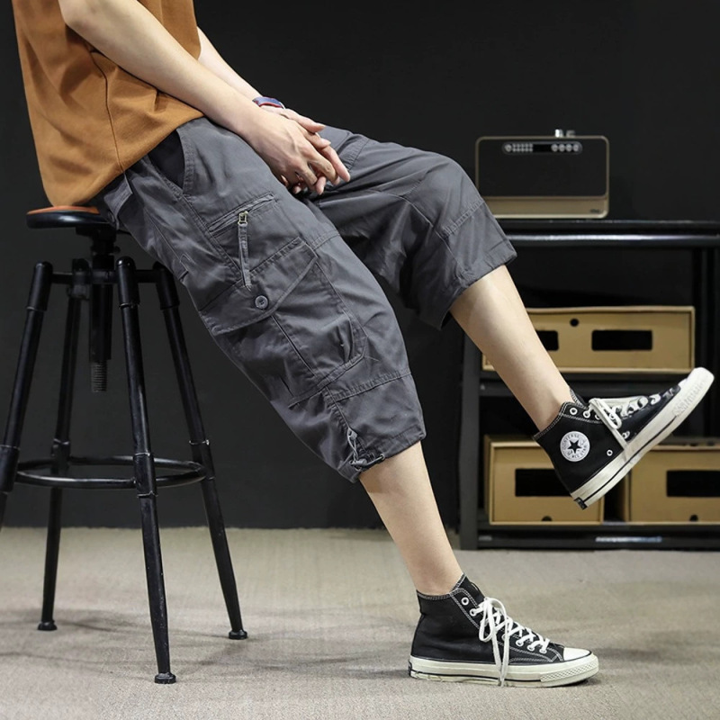 Men's Summer Workwear Cropped Pants, Loose Fit, Large Size, Straight Casual Shorts, Trendy Versatile Cotton Sports 7/8 Shorts
