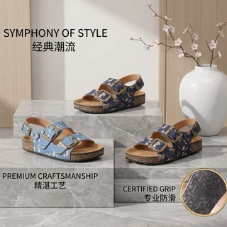 工厂直销双环豹纹拼接牛仔儿童勃肯凉拖鞋批量订单支持logo定制