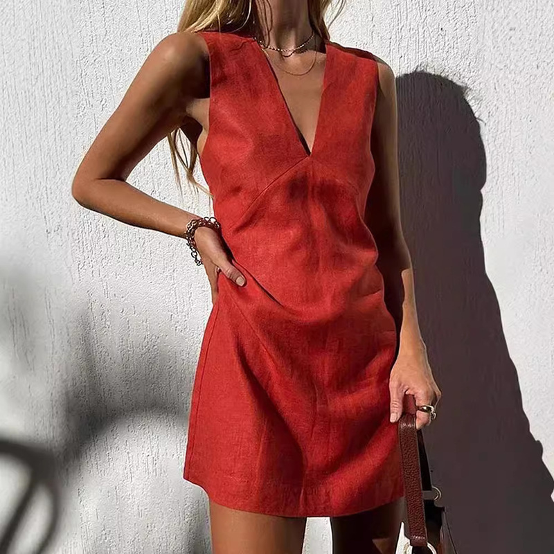 2024 European and American Style V-neck Cotton Linen Sleeveless dress Women's Summer Basic Solid Color Slim-fit Vest Skirt