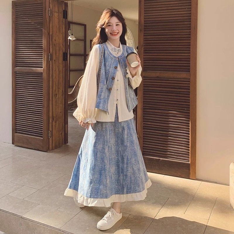 蓝色小清新牛仔提花套装裙女春季2025新款设计感马甲半身裙三件套|undefined