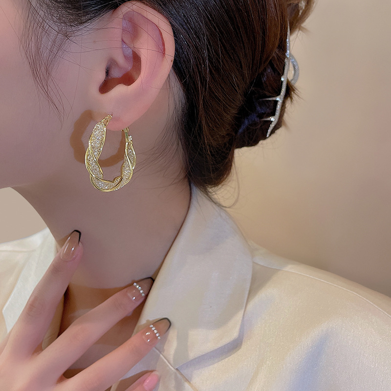 Pendientes de malla con diseño trenzado hueco para mujer, pendientes retro exagerados de alta gama, pendientes versátiles de nicho al por mayor
