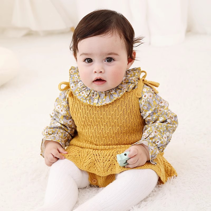 欧美外贸2023女童秋季甜美黄色绑带毛织连体衣纯棉印花衬衫2件套