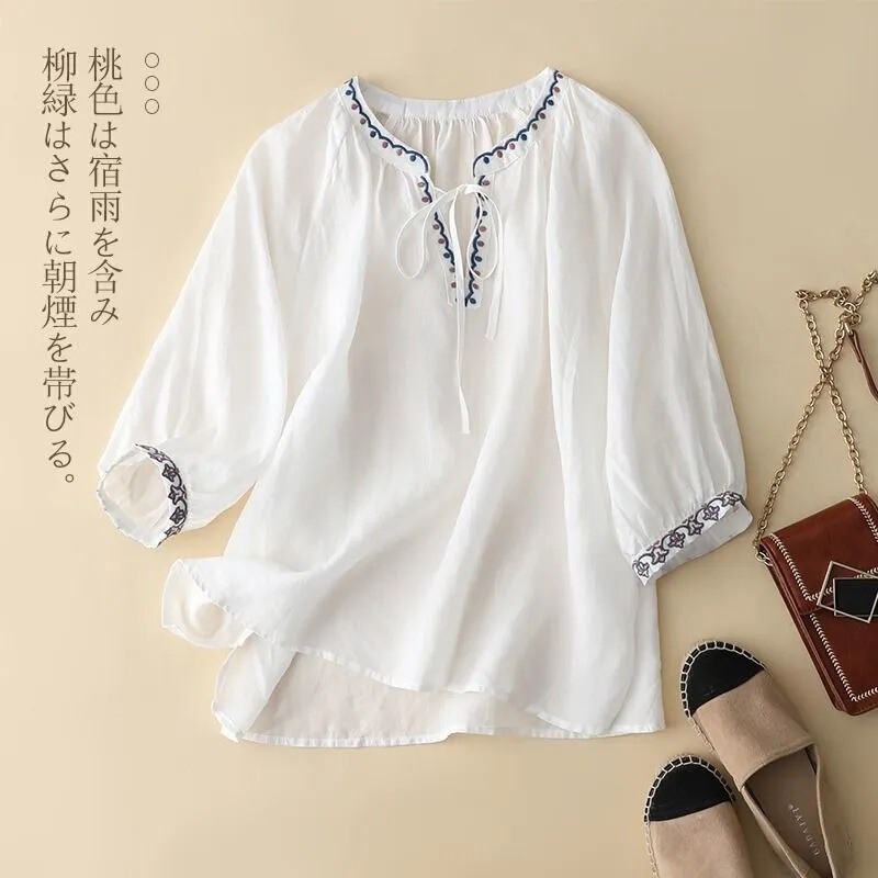 Women's Summer Tops Original Cotton Embroidered V-Neck Three-Quarter Sleeve Comfortable Soft Shirt New Style Tie-Neck Shirt