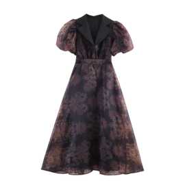 外贸女装2026春季新款欧美风简约复古风欧根纱泡泡袖收腰长裙