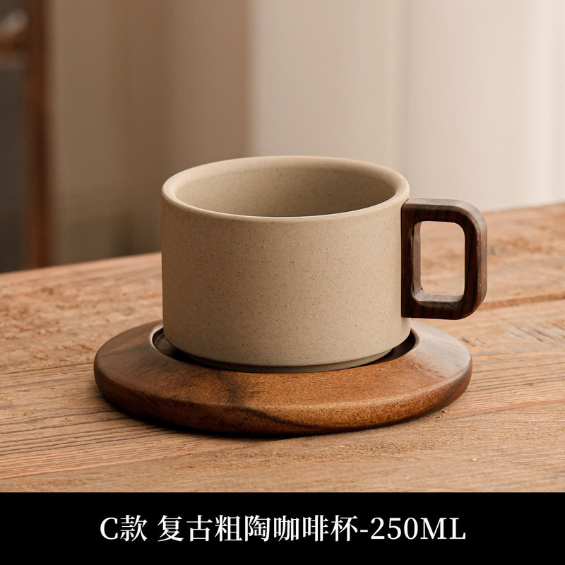 陶土咖啡杯中古风花茶马克杯咖啡杯套装木杯垫送人客户伴手礼茶杯|undefined