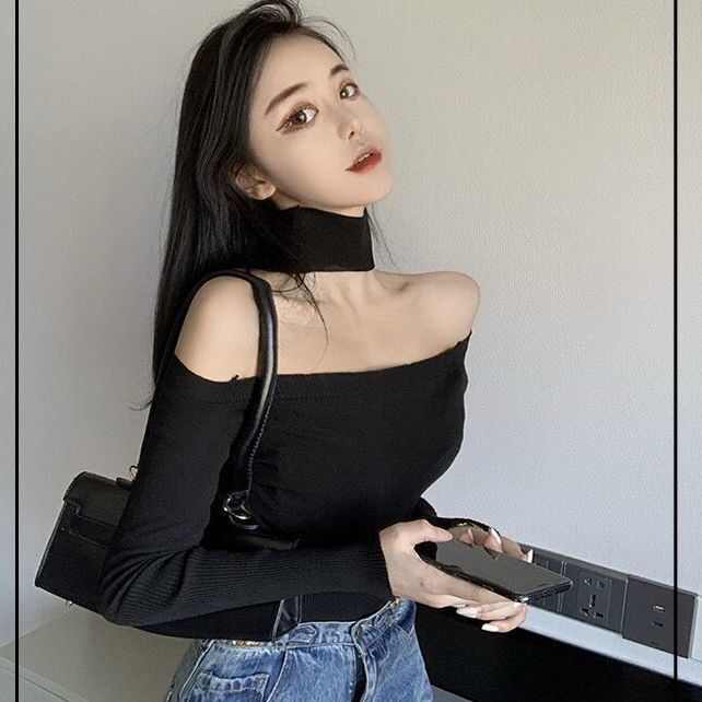 Ins Anchor Autumn and Winter Western Style Neck-hanging Shoulder Tight Long-sleeved T-shirt Women's Slim-fit Slimming Short Base Shirt with Collar