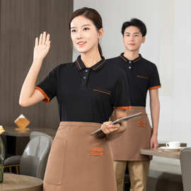 餐饮服务员工作服夏装短袖女刺绣印字火锅饭店奶茶店餐厅T恤短袖