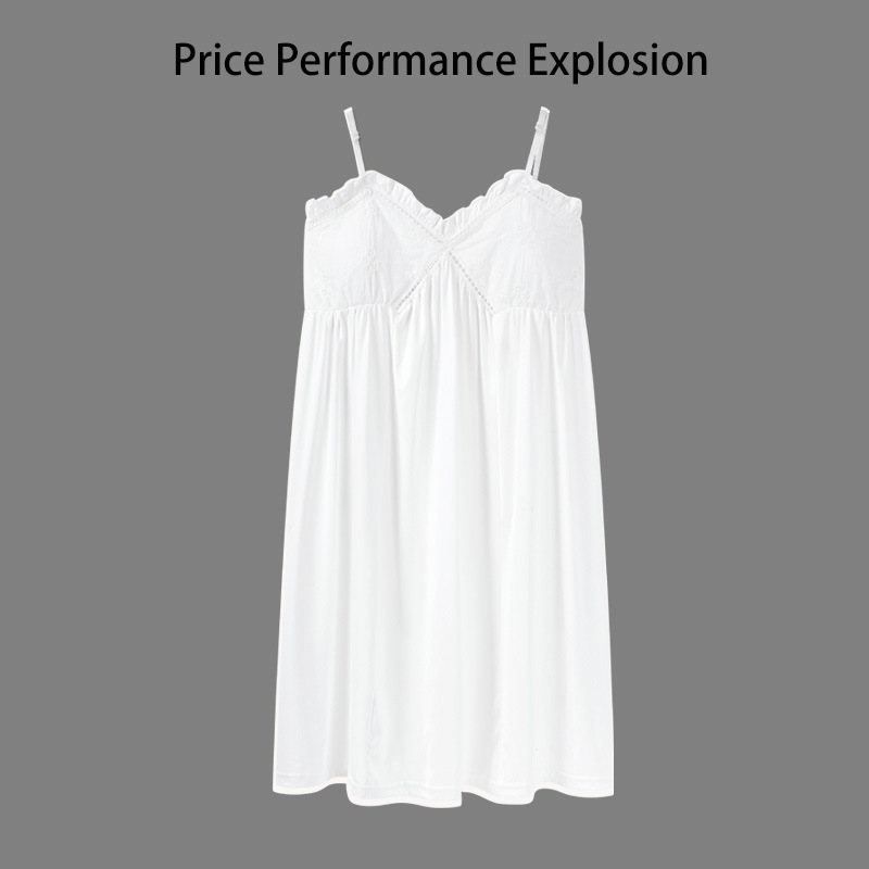 Women's Summer Sexy Lace Princess Palace White Pajamas Loose with Chest Pad Modal Cotton Home Clothes
