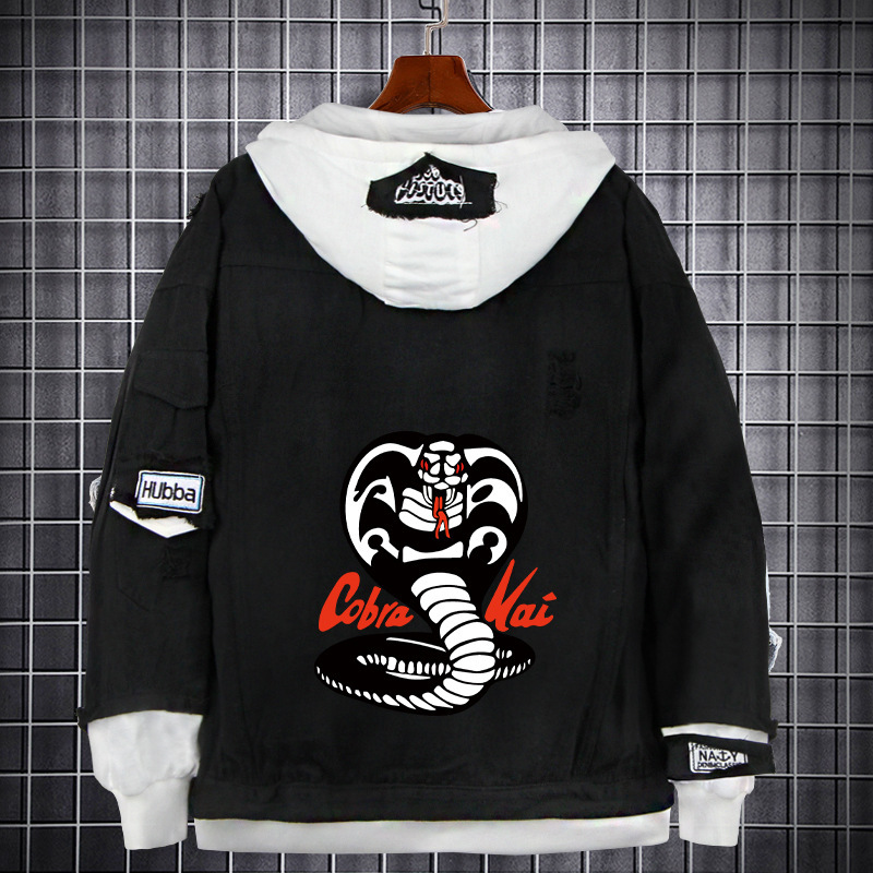 American drama Cobra karate boy denim coat Coba Kai fake two-piece holed hooded sweater jacket
