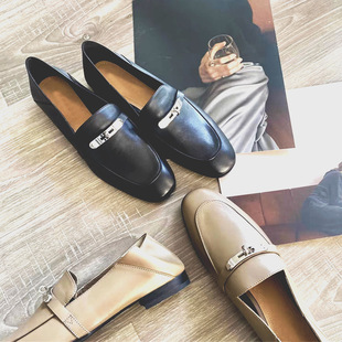 Loafers Women's Flat Shoes 2025 Spring and Autumn New French Lock Leather Lazy Slip-on Toas Shoes