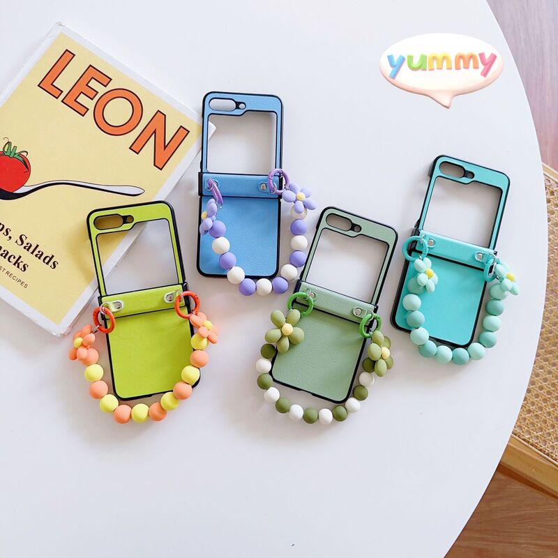 Solid Color Leather Galaxy Zflip6/3/4 Phone Case for Samsung 5th Generation Folding Protective Cover Flower Bracelet
